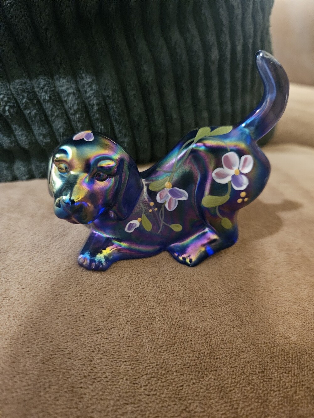 Fenton Cobalt Blue Carnival Glass Iridescent Puppy Signed Hand Painted Flowers